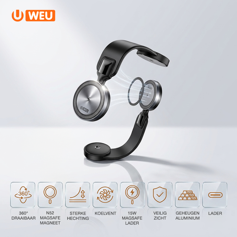 WEU® Magnetische Autohouder met Draadloos Opladen 15W – MagSafe Telefoonhouder Auto – 360° Draaibaar – Dashboard Telefoonhouder – Geschikt voor iPhone & Qi Smartphones