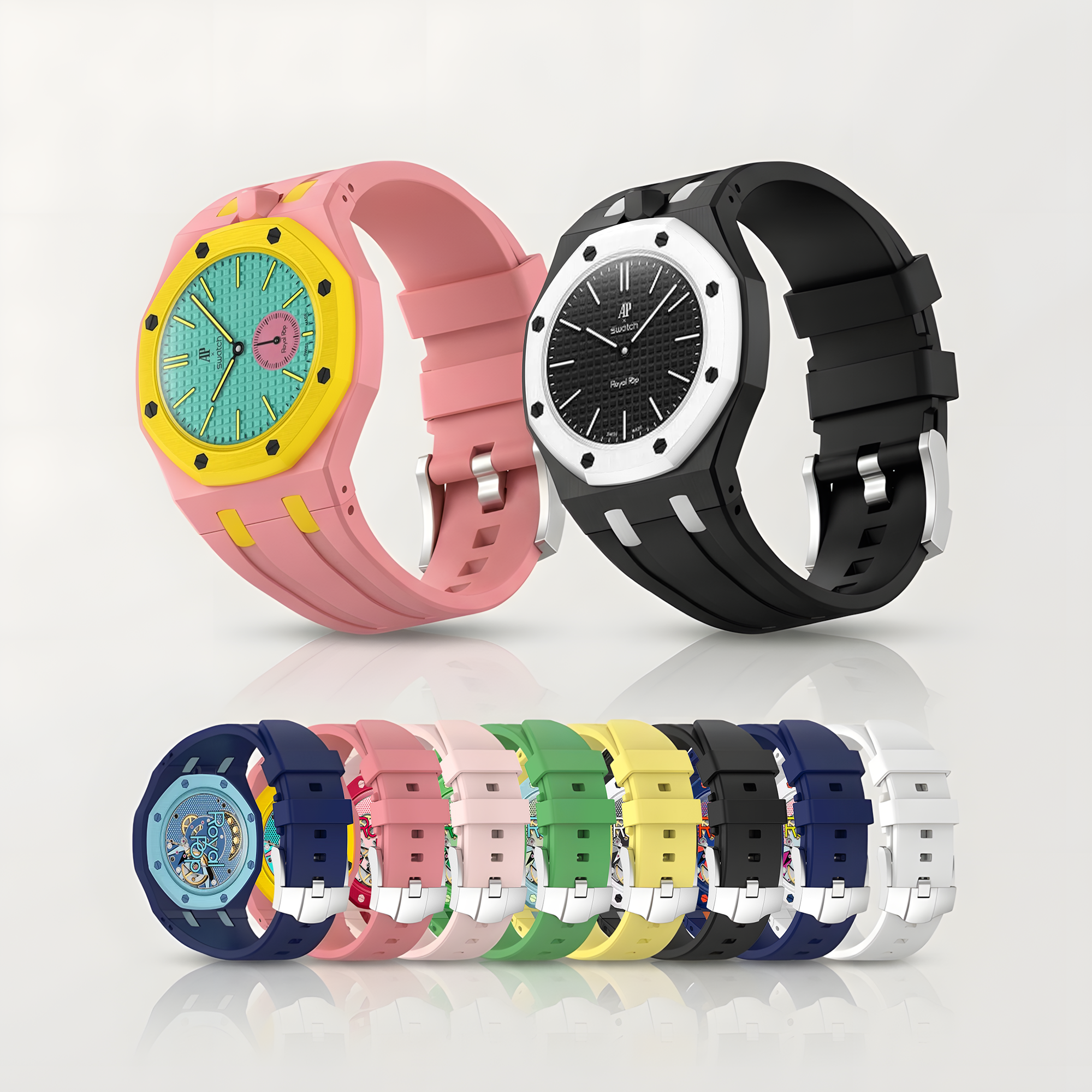 Siliconen Horlogeband met Beschermcase, geschikt voor Swatch x AP Royal Pop – Conversiekit – Kroon op 12 uur