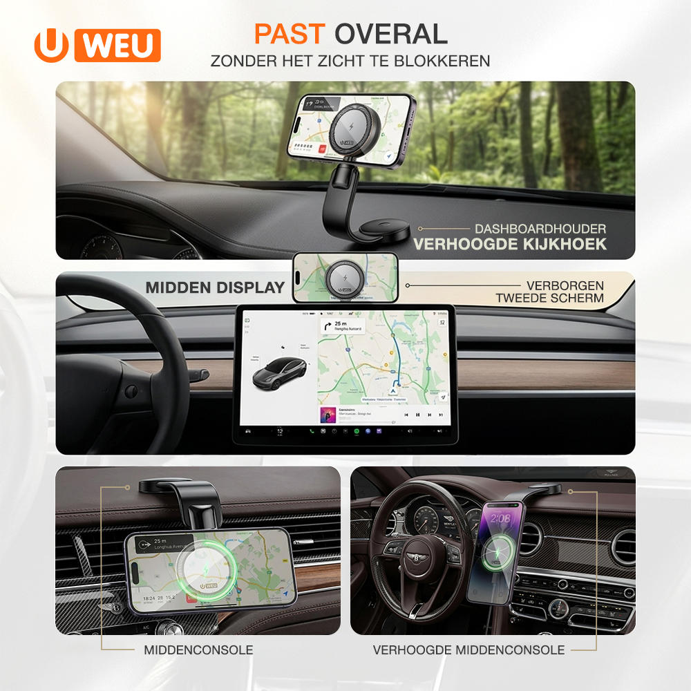 WEU® Magnetische Autohouder met Draadloos Opladen 15W – MagSafe Telefoonhouder Auto – 360° Draaibaar – Dashboard Telefoonhouder – Geschikt voor iPhone & Qi Smartphones