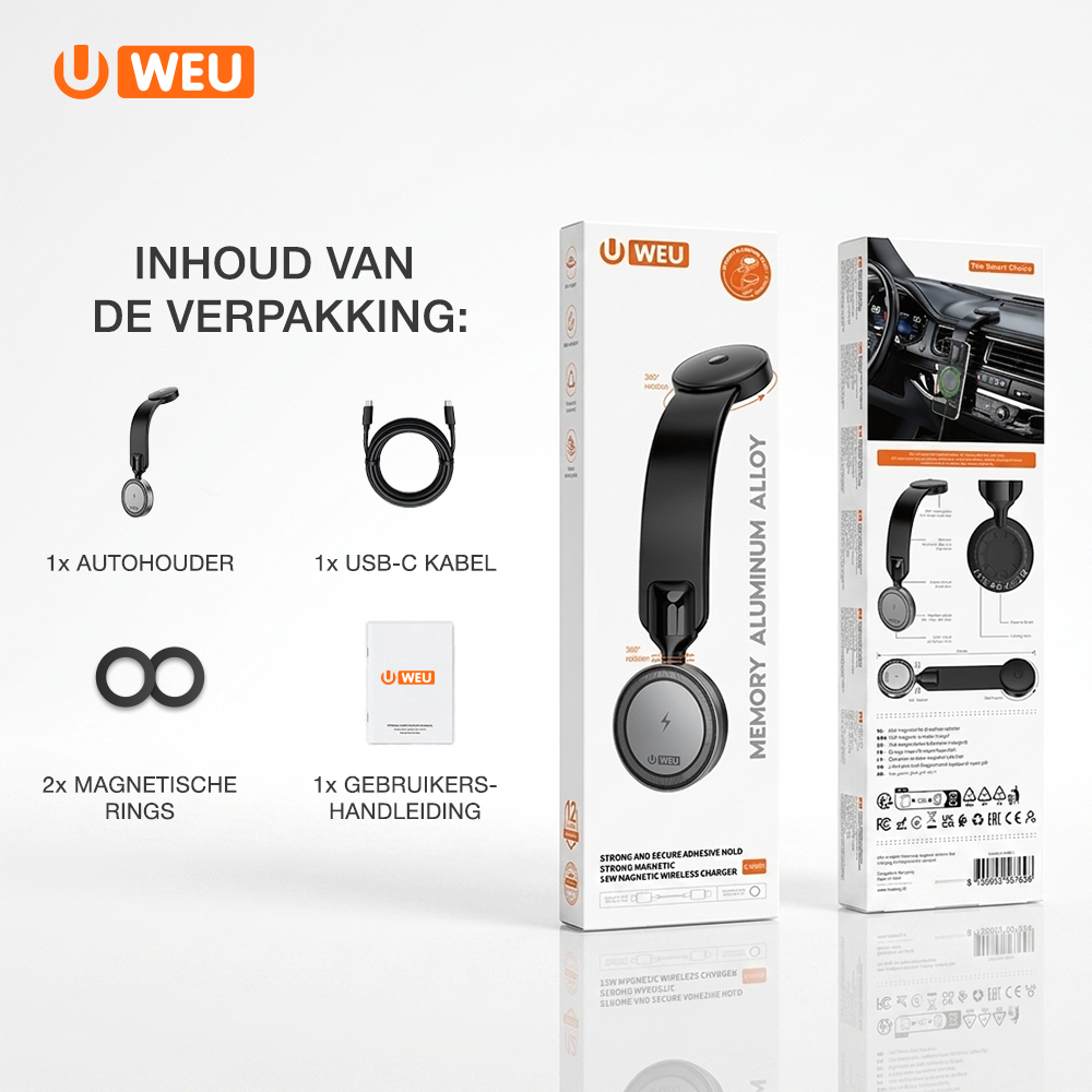 WEU® Magnetische Autohouder met Draadloos Opladen 15W – MagSafe Telefoonhouder Auto – 360° Draaibaar – Dashboard Telefoonhouder – Geschikt voor iPhone & Qi Smartphones